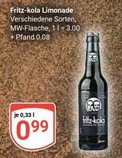 Fritz-kola Limonade Verschiedene Sorten, MW-Flasche, 1 l = 3.00 + Pfand 0.08