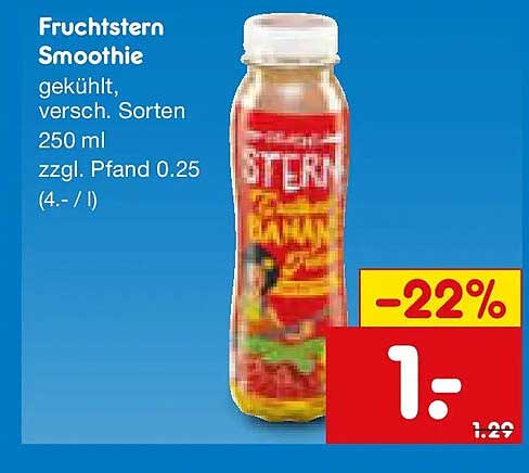 Fruchtstern Smoothie gekühlt, versch. Sorten 250 ml zzgl. Pfand 0.25 (4.- / l)