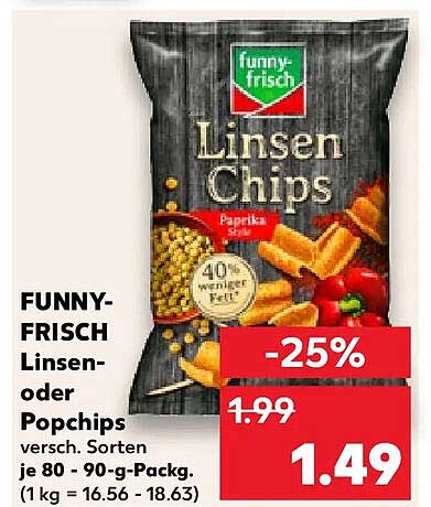 FUNNY-FRISCH Linsen- oder Popchips versch. Sorten je 80 - 90-g-Packg. (1 kg = 16.56 - 18.63)