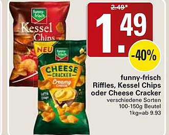 funnys-fresh Riffles, Kessel Chips oder Cheese Cracker verschiedene Sorten 100-150g 1kg=ab 9.93
