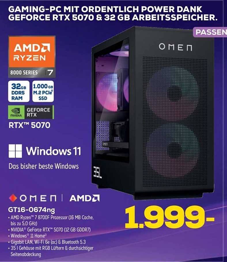 GAMING-PC MIT ORDNENTLICH POWER DANK GEFORCE RTX 5070 & 32 GB ARBEITSSPEICHER.