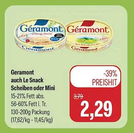 Geramont auch Le Snack Scheiben oder Mini 15-21% Fett abs. 56-60% Fett i. Tr. 130-200g Packung (17,62€/kg - 11,45/kg)