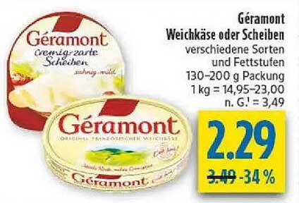 Géramont Weichkäse oder Scheiben verschiedene Sorten und Fettstufe 130-200 g Packung 1 kg = 14,95-23,00 n. G. = 3,49