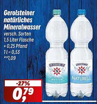 Gerolsteiner natürliches Mineralwasser versch. Sorten 1,5 Liter Flasche + 0,25 Pfand 1 l = 0,53 **1,09