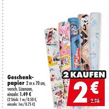 Geschenkpapier 2 m x 70 cm, versch. Lizenzen, einzeln: 1,49 € (2 Stück: 1 m / 0,50 €, einzeln: 1 m / 0,75 €)