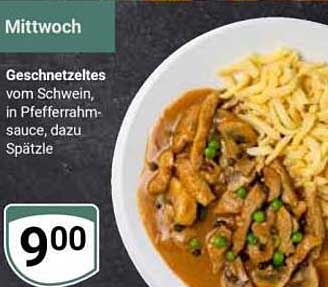 Geschnetzeltes vom Schwein, in Pfefferrahm-sauce, dazu Spätzle