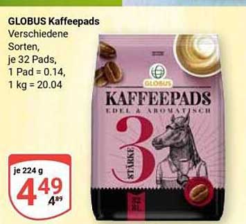 GLOBUS Kaffeepads Verschiedene Sorten, je 32 Pads, 1 Pad = 0.14, 1 kg = 20.04