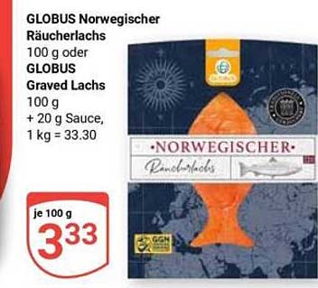 GLOBUS Norwegischer Räucherlachs 100 g oder GLOBUS Graved Lachs 100 g + 20 g Sauce, 1 kg = 33.30