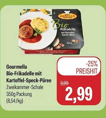 Gourmella Bio-Frikadelle mit Kartoffel-Speck-Püree Zweikammer-Schale 350g Packung (8,54/kg)
