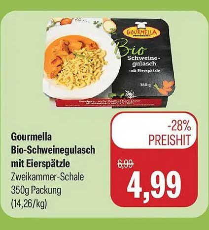 Gourmella Bio-Schweinegulasch mit Eierspätzle Zweikammer-Schale 350g Packung (14,26/kg)
