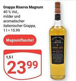 Grappa Riserva Magnum 40 % Vol., milder und aromatischer italienischer Grappa, 1 l = 15.99
