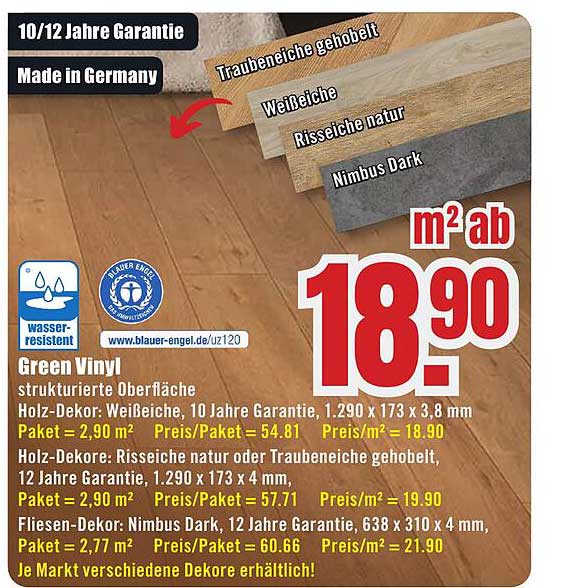 Green Vinyl strukturierte Oberfläche Holz-Dekor: Weißeiche, 10 Jahre Garantie, 1.290 x 173 x 3,8 mm