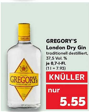 GREGORY'S London Dry Gin traditionell destilliert, 37,5 Vol. % je 0,7-l-Fl. (1 l = 7,93)