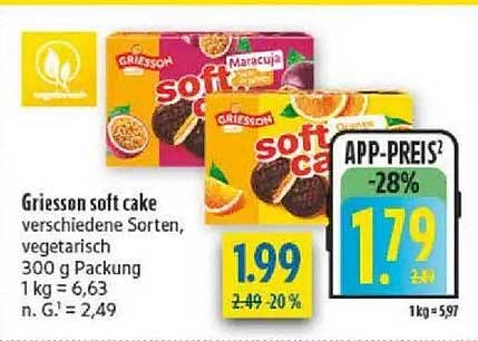 Griesson soft cake verschiedene Sorten, vegetarisch 300 g Packung 1 kg = 6,63 n. G. 2,49