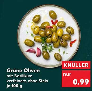 Grüne Oliven mit Basilikum verfeinert, ohne Stein je 100 g