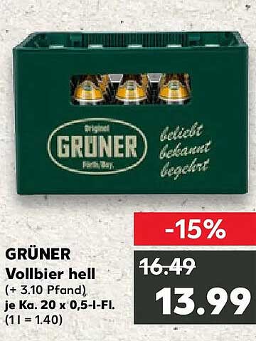 GRÜNER Vollbier hell (+ 3.10 Pfand) je Ka. 20 x 0,5-l-Fl. (1 l = 1.40)