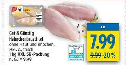 Gut & Guenstig Haehnchenbrustfilet ohne Haut und Knochen, Hkl. A, frisch, 1 kg XXL SB-Packung