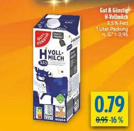 Gut & Günstig H-Vollmilch 3,5 % Fett 1 Liter Packung