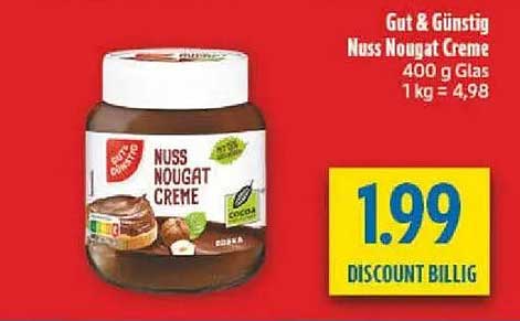 Gut & Günstig Nuss Nougat Creme 400 g Glas 1 kg = 4,98