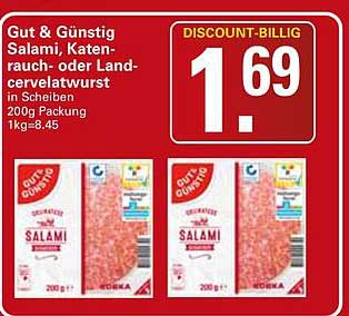 Gut & Günstig Salami, Katenschau- oder Land- cervelatwurst in Scheiben 200g Packung 1kg=8.45