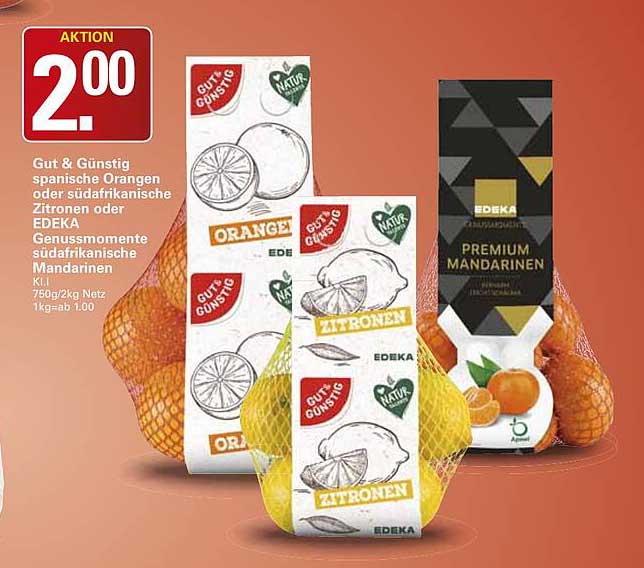 Gut & Günstig spanische Orangen oder südafrikanische Zitronen oder EDEKA Genussmomente südafrikanische Mandarinen KJ 750g/2kg Netz 1kg=ab 1.00