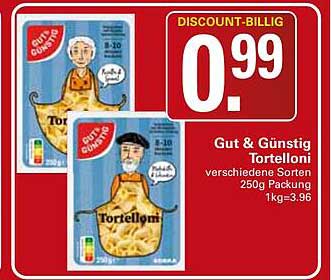Gut & Günstig Tortelloni verschiedene Sorten 250g Packung 1kg=3.96