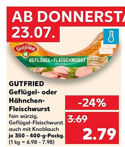 GUTFRIED Geflügel- oder Hähnchen-Fleischwurst fein würzig, Geflügel-Fleischwurst auch mit Knoblauch je 350 - 400-g-Packg. (1 kg = 6.99 - 7.98)