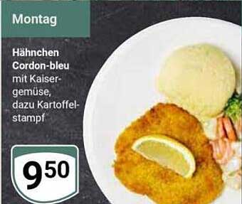 Hähnchen Cordon-bleu mit Kaisergemüse, dazu Kartoffelstampf