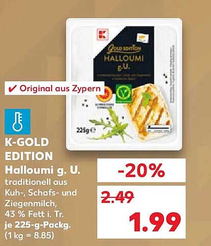Halloumi g. U. traditionell aus Kuh-, Schafs- und Ziegenmilch, 43 % Fett i. Tr., je 225-g-Packg.