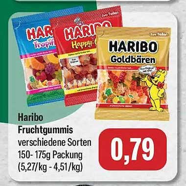 Haribo Fruchtgummis verschiedene Sorten 150-175g Packung (5,27/kg - 4,51/kg)