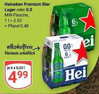 Heineken Premium Bier Lager oder 0,0 MW-Flasche, 1 l = 2.52 + Pfand 0.48