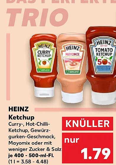HEINZ Ketchup Curry-, Hot-Chilli-Ketchup, Gewürzgurken-Geschmack, Mayomix oder mit weniger Zucker & Salz je 400 - 500-ml-Fl.