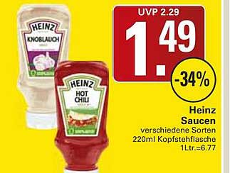 Heinz Saucen verschiedene Sorten 220ml Kopfstehlasche 1Ltr.=6.77