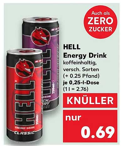 HELL Energy Drink koffeinhaltig, versch. Sorten (+ 0.25 Pfand) je 0,25-l-Dose (1 l = 2,76)
