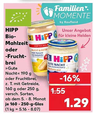 HIPP Bio-Mahlzeit oder -Fruchtbrei »Gute Nacht« 190 g oder Fruchtbrei, z. T. mit Getreide, 160 g oder 250 g, versch. Sorten, ab dem 5. - 8. Monat je 160 - 250-g-Glas