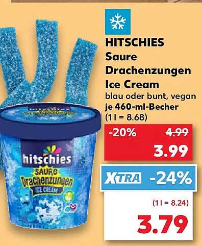HITSCHIES Saure Drachenzungen Ice Cream blau oder bunt, vegan je 460-ml-Becher (1 l = 8.68)
