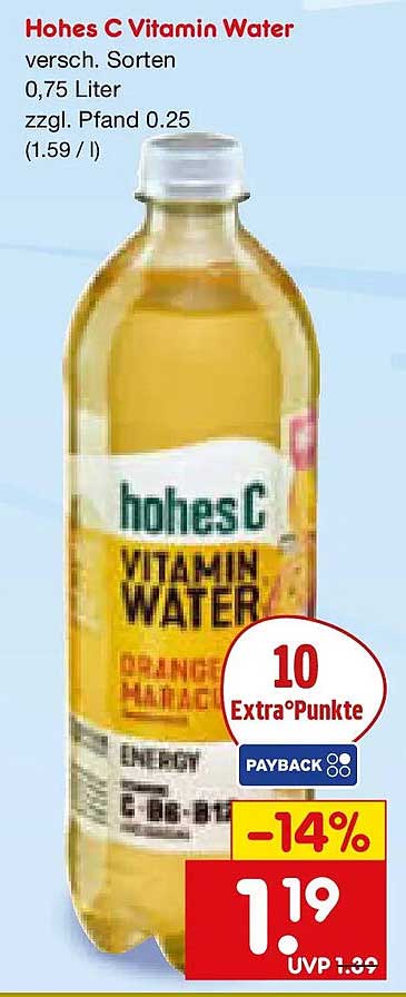 Hohes C Vitamin Water versch. Sorten 0,75 Liter zzgl. Pfand 0.25 (1.59 / l)