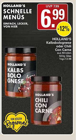 HOLLAND'S Kalbsbolognese oder Chili Con Carne aus Mexiko 500g Glas 1kg=13.98
