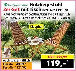 Holzliegestuhl 2er-Set mit Tisch