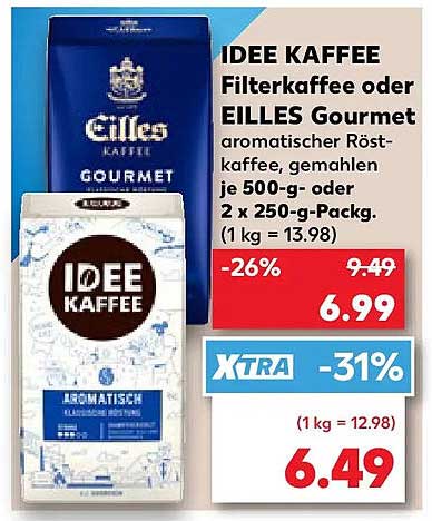 IDEE KAFFEE Filterkaffee oder EILLES Gourmet aromatischer Röstkaffee, gemahlen je 500-g- oder 2 x 250-g-Packg. (1 kg = 13.98)
