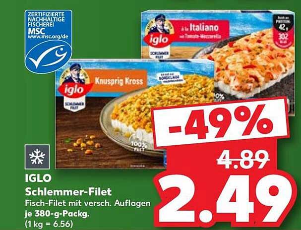 IGLO Schlemmer-Filet Fisch-Filet mit versch. Auflagen je 380-g-Packg. (1 kg = 6.56)