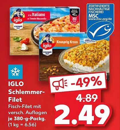 IGLO Schlemmere Filet Fisch-Filet mit versch. Auflagen je 380-g-Packg. (1 kg = 6.56)