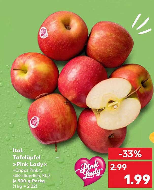Ital. Tafeläpfel »Pink Lady« »Cripps Pink«, süß-säuerlich, Kl. I, je 900-g-Packg. (1 kg = 2.22)