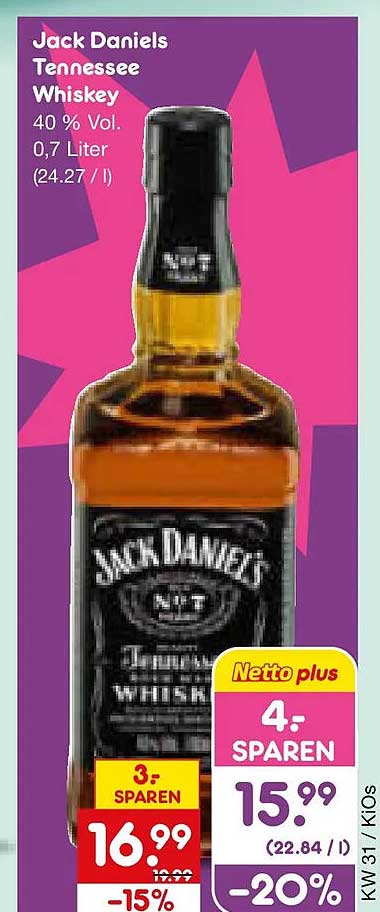 Jack Daniels Tennessee Whiskey 40 % Vol. 0,7 Liter (24.27 / l)
