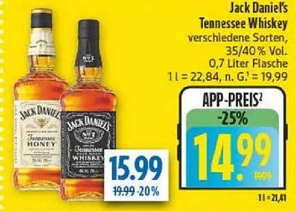 Jack Daniel’s Tennessee Whiskey verschiedene Sorten, 35/40 % Vol., 0,7 Liter Flasche