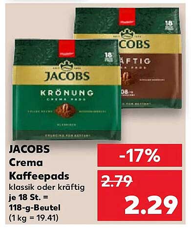 JACOBS Crema Kaffeepads klassik oder kräftig je 18 St. = 118-g-Beutel (1 kg = 19.41)