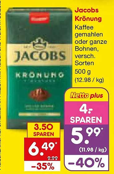 Jacobs Krönung Kaffee gemahlen oder ganze Bohnen, versch. Sorten 500 g