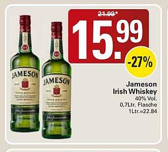 Jameson Irish Whiskey 40% Vol. 0,7L Flasche, 1 Ltr.=22,84