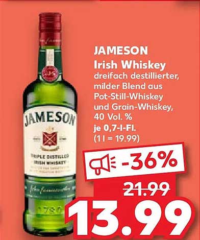 JAMESON Irish Whiskey dreifach destillierter, milder Blend aus Pot-Still-Whiskey und Grain-Whiskey, 40 Vol. % je 0,7-l-Fl. (1 l = 19.99)