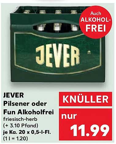 JEVER Pilsener oder Fun Alkoholfrei friesisch-herb (+ 3.10 Pfand) je Ka. 20 x 0,5-l-Fl. (1 l = 1.20)